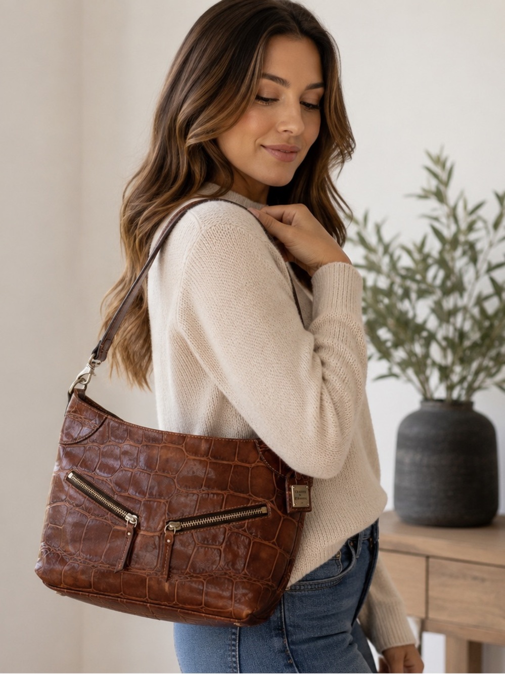 Dooney & Bourke Brown Croc Embossed Leather Hobo Shoulder Bag